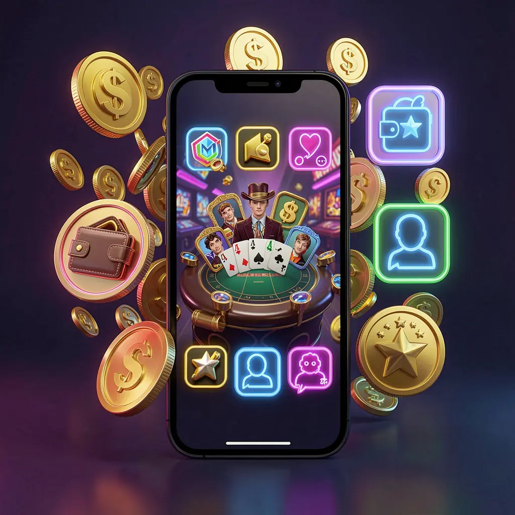 RK5 online casino app interface displayed on a smartphone surrounded by icons for wallet, games, support, and rewards, with golden coins and neon lights in a luxury 3D render style RK5 online casino app interface displayed on a smartphone surrounded by icons for wallet, games, support, and rewards, with golden coins and neon lights in a luxury 3D render style