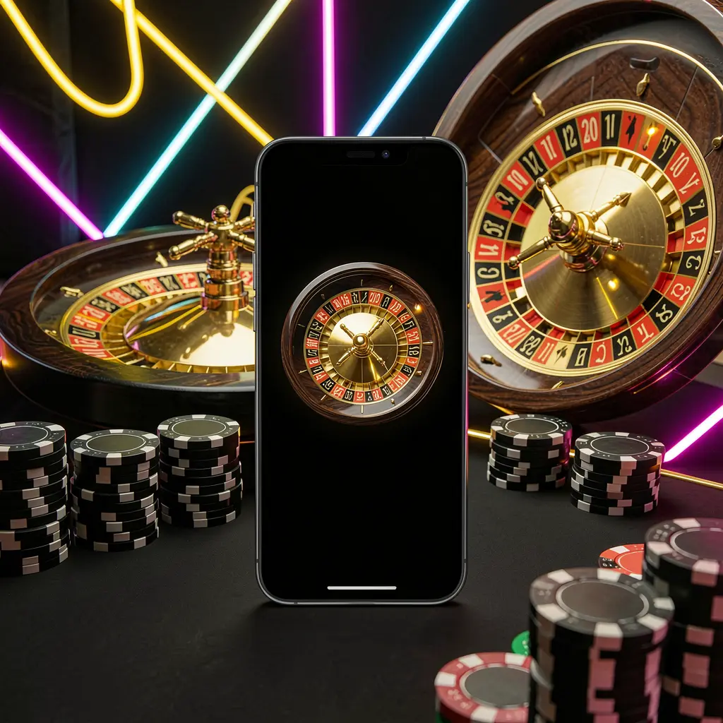 Mobile casino application scene featuring a phone in the center with a roulette wheel and poker chips in the background, illuminated by glowing neon lights in a premium black and gold style, showcasing the RK5 brand Mobile casino application scene featuring a phone in the center with a roulette wheel and poker chips in the background, illuminated by glowing neon lights in a premium black and gold style, showcasing the RK5 brand