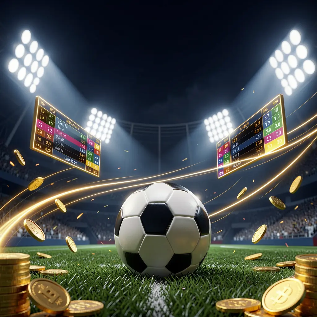 RK5 sports betting hero banner featuring a football stadium at night with bright floodlights, a soccer ball on green grass, glowing odds panels, golden coins, and dynamic light trails in a premium dark blue and gold cinematic 3D render RK5 sports betting hero banner featuring a football stadium at night with bright floodlights, a soccer ball on green grass, glowing odds panels, golden coins, and dynamic light trails in a premium dark blue and gold cinematic 3D render