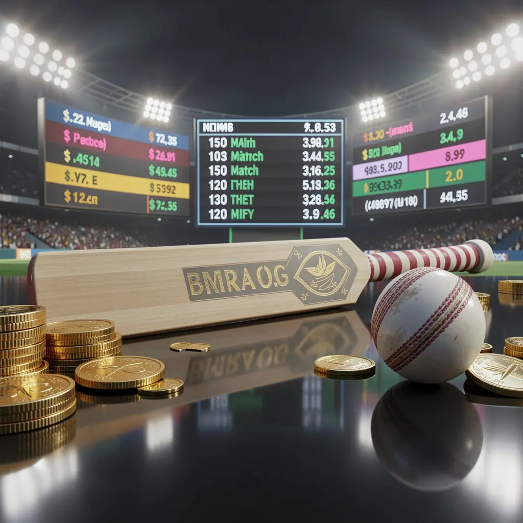 RK5 premium sports betting image featuring a cricket bat and ball on a glossy dark surface with golden coins, glowing match statistics, and stadium lights in a realistic 3D render RK5 premium sports betting image featuring a cricket bat and ball on a glossy dark surface with golden coins, glowing match statistics, and stadium lights in a realistic 3D render