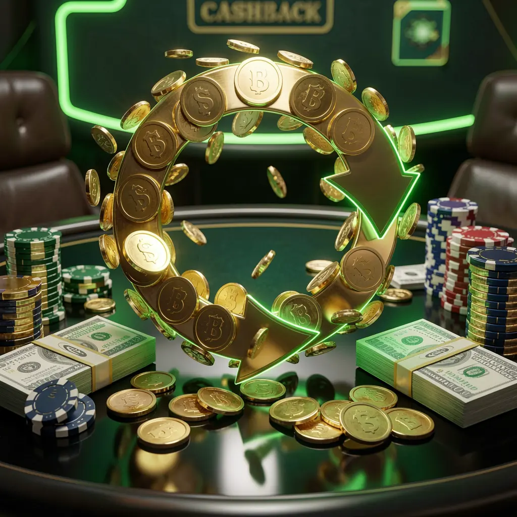 RK5 casino cashback bonus visual with golden coins returning in a circular arrow motion, poker chips and cash bundles on a glossy dark table with glowing green and gold accents in a premium online casino style RK5 casino cashback bonus visual with golden coins returning in a circular arrow motion, poker chips and cash bundles on a glossy dark table with glowing green and gold accents in a premium online casino style