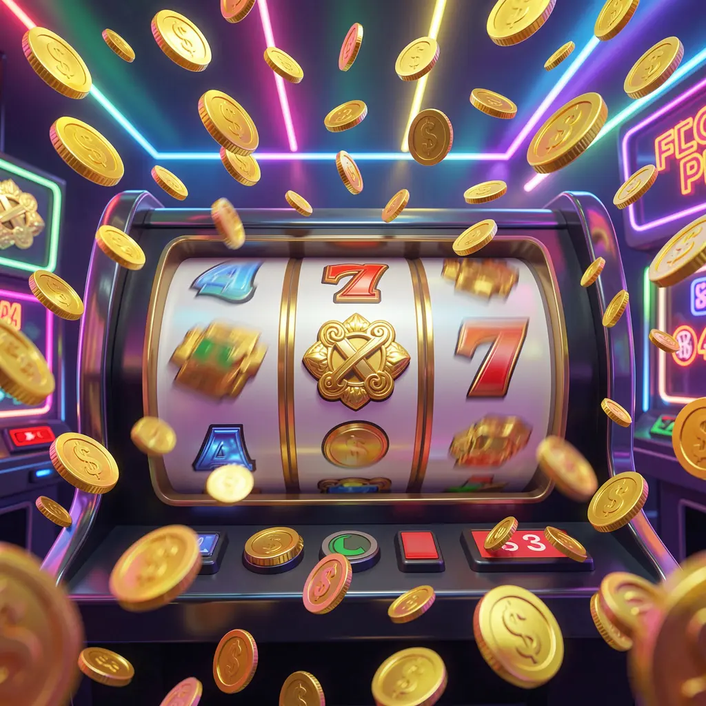 RK5 free spins casino image showing slot machine reels spinning with golden coins flying everywhere under colorful neon lights, creating an exciting jackpot mood in a premium 3D illustration RK5 free spins casino image showing slot machine reels spinning with golden coins flying everywhere under colorful neon lights, creating an exciting jackpot mood in a premium 3D illustration