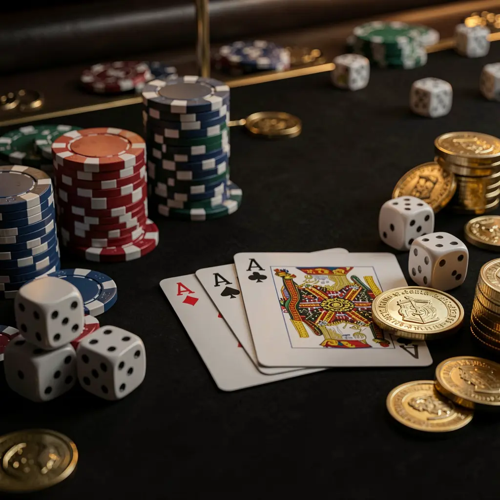 Close-up of an elegant RK5 casino table featuring poker chips, playing cards, dice, and gold coins illuminated by soft cinematic lighting against a luxury black background Close-up of an elegant RK5 casino table featuring poker chips, playing cards, dice, and gold coins illuminated by soft cinematic lighting against a luxury black background