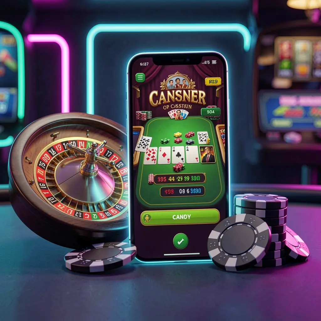 RK5 online casino platform concept showing a smartphone with a glowing casino interface, surrounded by a roulette wheel and poker chips on a premium neon background RK5 online casino platform concept showing a smartphone with a glowing casino interface, surrounded by a roulette wheel and poker chips on a premium neon background