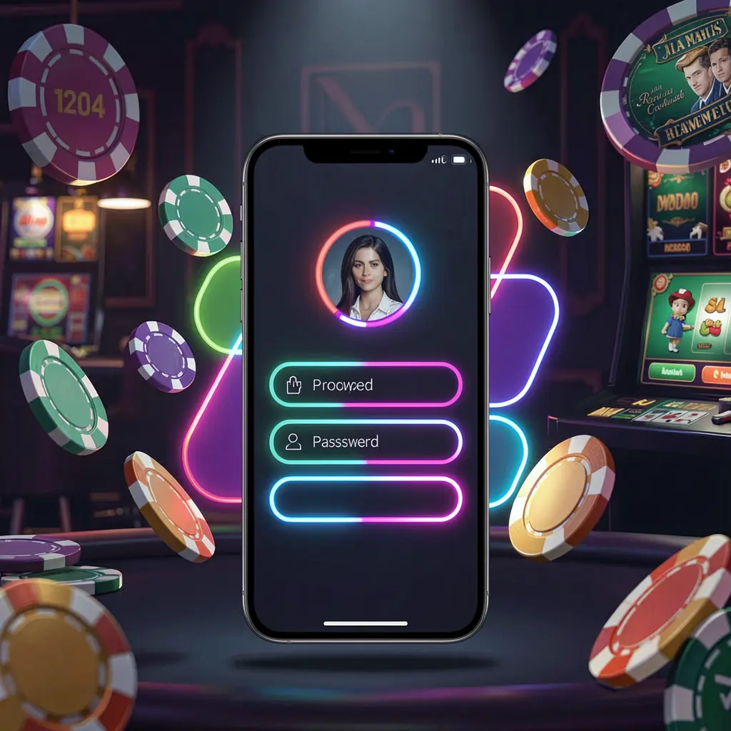 RK5 mobile casino login screen showing abstract UI shapes for user profile and password fields on a glowing phone, with neon chips and coins flying around in a dark premium casino atmosphere RK5 mobile casino login screen showing abstract UI shapes for user profile and password fields on a glowing phone, with neon chips and coins flying around in a dark premium casino atmosphere