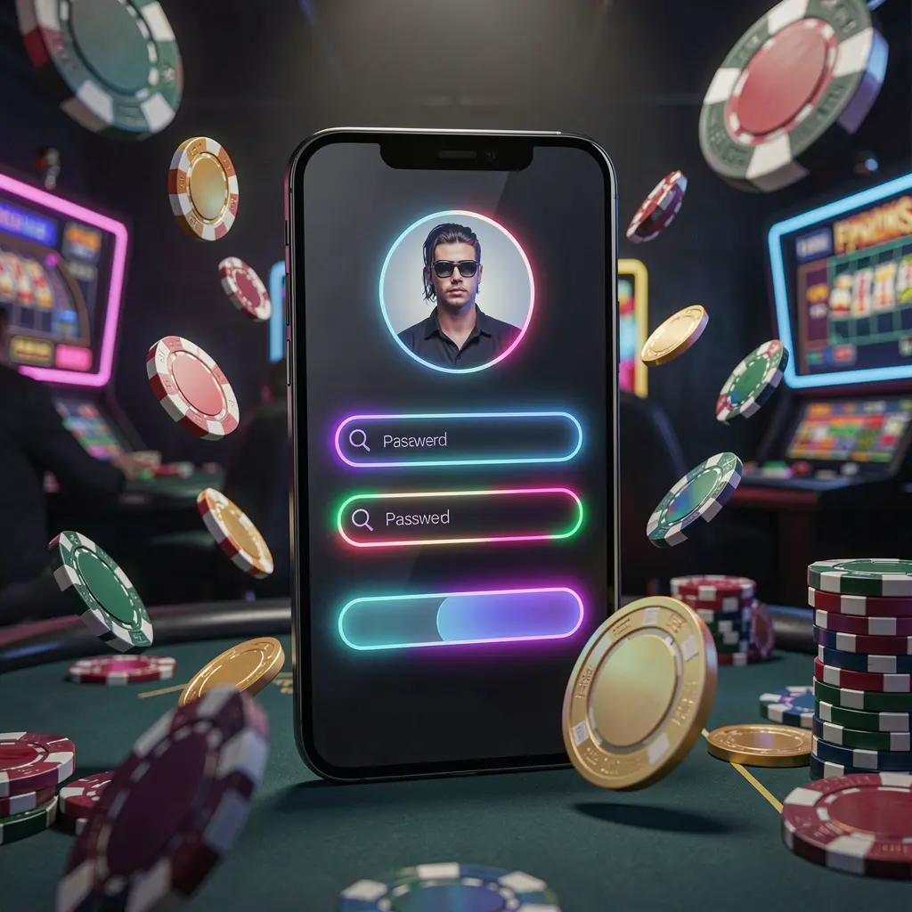 RK5 mobile casino login screen with neon glowing user profile and password fields on phone, chips and coins flying around in a dark premium casino atmosphere RK5 mobile casino login screen with neon glowing user profile and password fields on phone, chips and coins flying around in a dark premium casino atmosphere