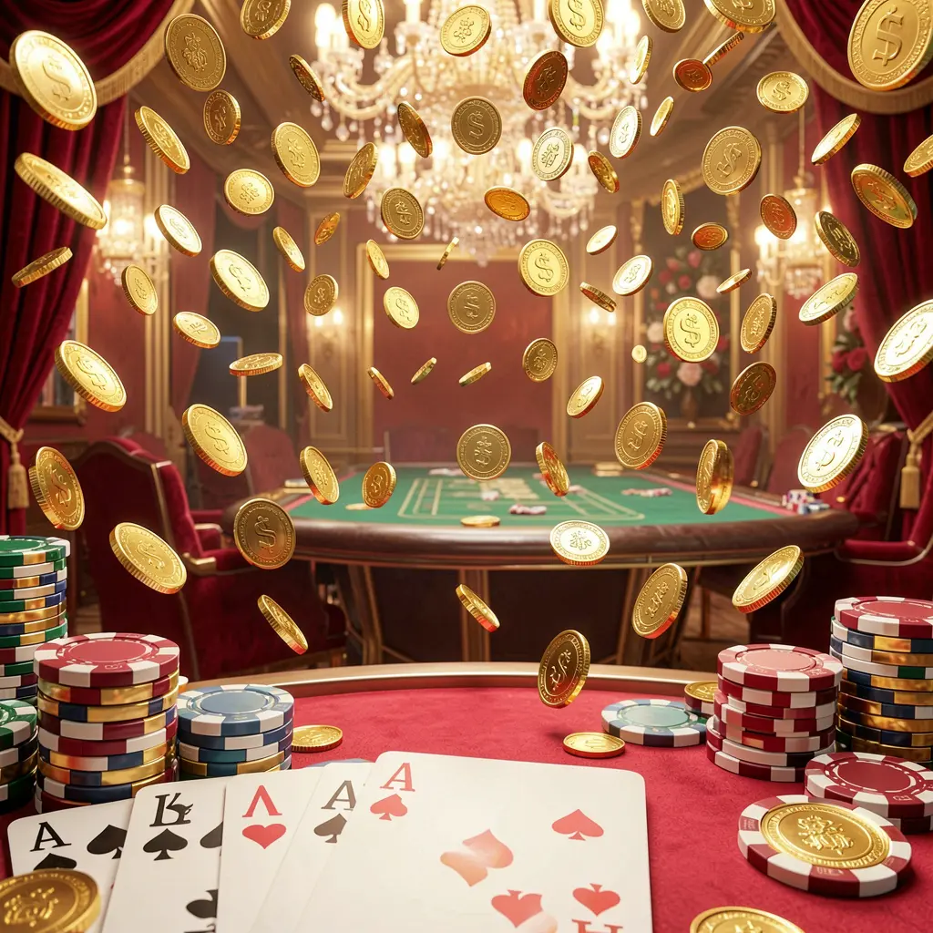 RK5 online gaming platform homepage banner featuring bright casino lights, golden coins raining, poker chips and playing cards in the foreground with a luxury red and gold atmosphere in a high detail 3D render RK5 online gaming platform homepage banner featuring bright casino lights, golden coins raining, poker chips and playing cards in the foreground with a luxury red and gold atmosphere in a high detail 3D render